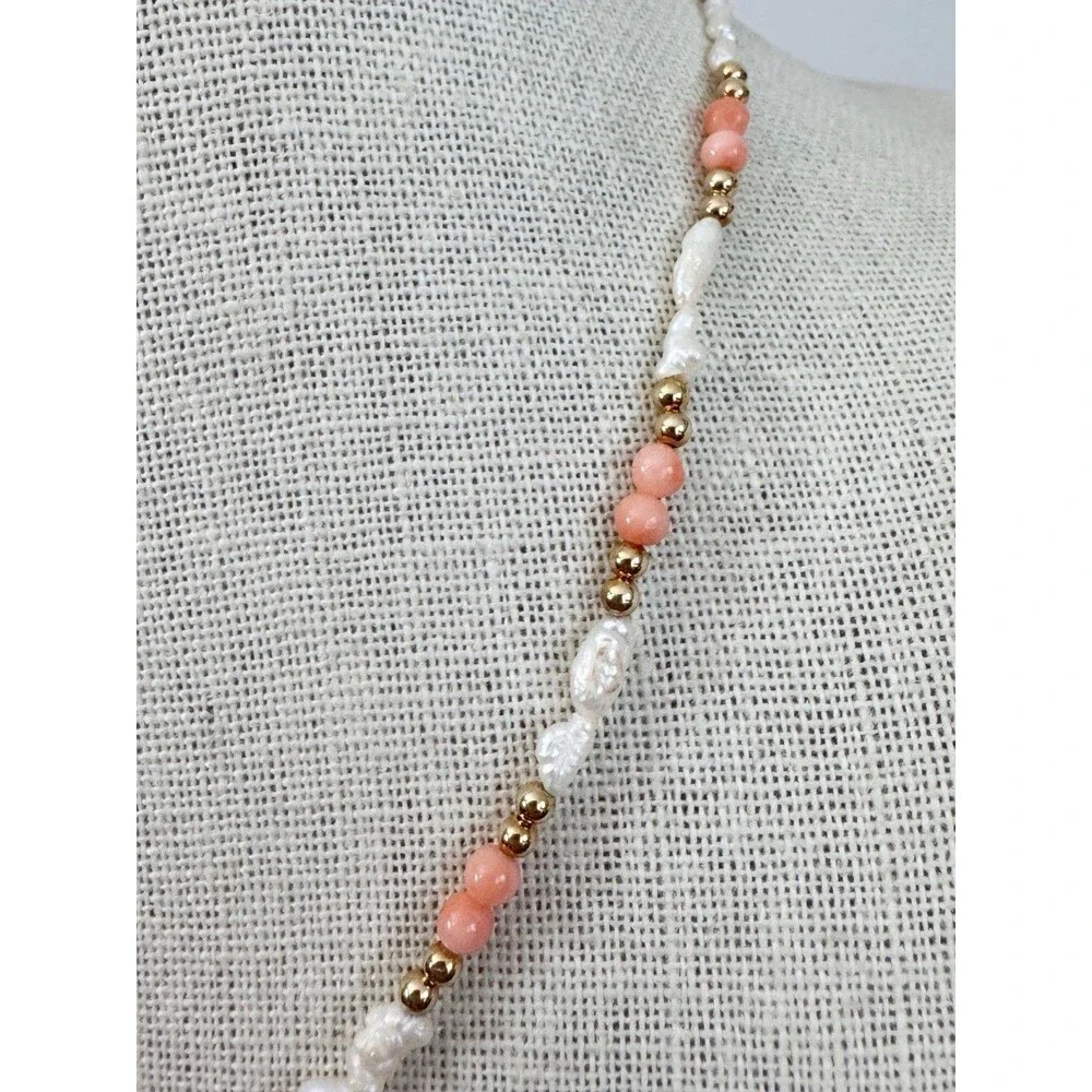 Vtg 14K Yellow Gold Angel Skin Coral Freshwater Pearl Necklace 19” Quiet Luxury